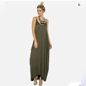 Love In Harem Maxi Dress Pockets Olive Green and white stripes L